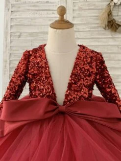 Flower Girl Dress Tulle Bows V-Neck Long Sleeves Burgundy Free Customization -AYA Cosplay Shop 202205191947339466228