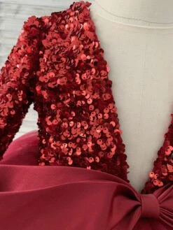 Flower Girl Dress Tulle Bows V-Neck Long Sleeves Burgundy Free Customization -AYA Cosplay Shop 202205191947343108879