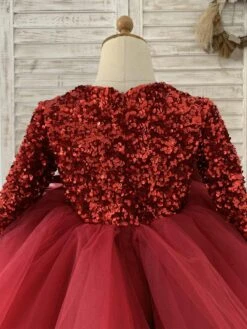 Flower Girl Dress Tulle Bows V-Neck Long Sleeves Burgundy Free Customization -AYA Cosplay Shop 202205191947356591591