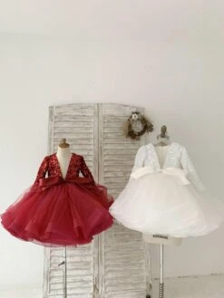 Flower Girl Dress Tulle Bows V-Neck Long Sleeves Burgundy Free Customization -AYA Cosplay Shop 202205191947360237460