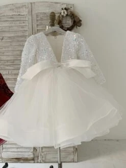 Flower Girl Dress Tulle Bows V-Neck Long Sleeves Burgundy Free Customization -AYA Cosplay Shop 202205191947472638818