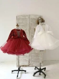 Flower Girl Dress Tulle Bows V-Neck Long Sleeves Burgundy Free Customization -AYA Cosplay Shop 202205191947475647962