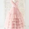 Flower Girl Dress Tulle Beaded V-Neck Sleeveless Lotus Pink Free Customization -AYA Cosplay Shop 202205191947497119304