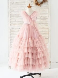 Flower Girl Dress Tulle Beaded V-Neck Sleeveless Lotus Pink Free Customization