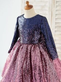 Flower Girl Dress Sequined Bows Jewel Neck Long Sleeves Pink Free Customization -AYA Cosplay Shop 202205191947518294157