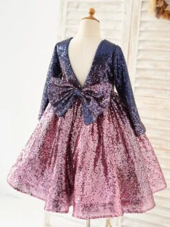 Flower Girl Dress Sequined Bows Jewel Neck Long Sleeves Pink Free Customization