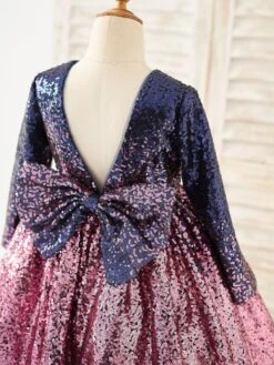 Flower Girl Dress Sequined Bows Jewel Neck Long Sleeves Pink Free Customization -AYA Cosplay Shop 202205191947537943464