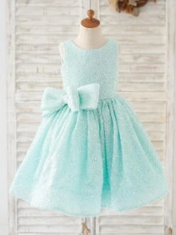 Flower Girl Dress Sequined Bows Jewel Neck Sleeveless Mint Green Free Customization