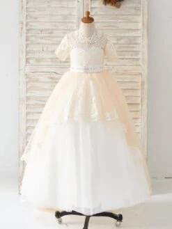 Flower Girl Dress Tulle Sash Jewel Neck Short Sleeves Champagne Free Customization