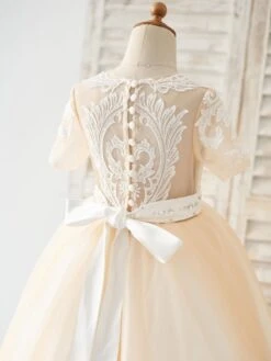 Flower Girl Dress Tulle Sash Jewel Neck Short Sleeves Champagne Free Customization -AYA Cosplay Shop 202205191947568597249