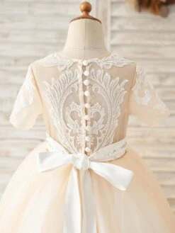 Flower Girl Dress Tulle Sash Jewel Neck Short Sleeves Champagne Free Customization -AYA Cosplay Shop 202205191947572047947