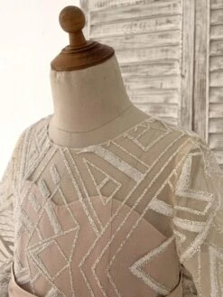 Flower Girl Dress Satin Sash Jewel Neck Long Sleeves Champagne Free Customization -AYA Cosplay Shop 202205191948079623684