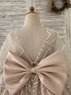 Flower Girl Dress Satin Sash Jewel Neck Long Sleeves Champagne Free Customization -AYA Cosplay Shop 202205191948083995597