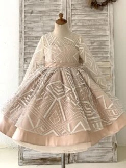 Flower Girl Dress Satin Sash Jewel Neck Long Sleeves Champagne Free Customization