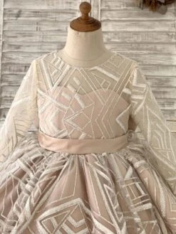 Flower Girl Dress Satin Sash Jewel Neck Long Sleeves Champagne Free Customization -AYA Cosplay Shop 202205191948097676492