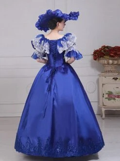Blue Retro Costumes Women's Lace Bows Polyester Marie Antoinette Costume Tunic Dress Hat Euro-Style Masquerade Ball Gown -AYA Cosplay Shop 202205301755541841739