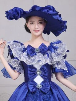Blue Retro Costumes Women's Lace Bows Polyester Marie Antoinette Costume Tunic Dress Hat Euro-Style Masquerade Ball Gown -AYA Cosplay Shop 202205301755555629903