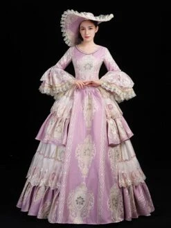 Pink Retro Costumes Women's Floral Print Lace Ruffles Polyester Tunic Hat Dress Marie Antoinette Costume Euro-Style Party Prom Dress -AYA Cosplay Shop 202205301756010959632