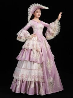 Pink Retro Costumes Women's Floral Print Lace Ruffles Polyester Tunic Hat Dress Marie Antoinette Costume Euro-Style Party Prom Dress -AYA Cosplay Shop 202205301756021105056