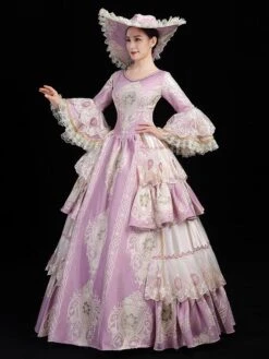 Pink Retro Costumes Women's Floral Print Lace Ruffles Polyester Tunic Hat Dress Marie Antoinette Costume Euro-Style Party Prom Dress -AYA Cosplay Shop 202205301756030902237