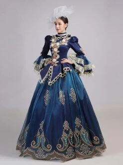 Blue Retro Costumes Women's Lace Flowers Polyester Marie Antoinette Costume Tunic Headwear Dress Euro-Style Party Prom Dress -AYA Cosplay Shop 202205301756075594042