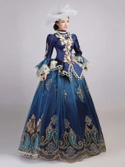 Blue Retro Costumes Women's Lace Flowers Polyester Marie Antoinette Costume Tunic Headwear Dress Euro-Style Party Prom Dress -AYA Cosplay Shop 20220530175609174514