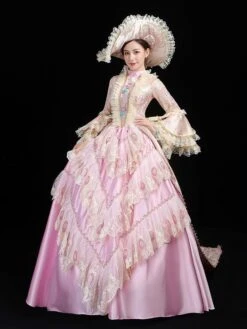 Pink Retro Costumes Women's Ruffles Lace Polyester Tunic Hat Dress Euro-Style Marie Antoinette Costume Party Prom Dress -AYA Cosplay Shop 202205301756098408473