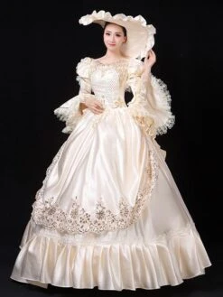 Ecru White Retro Costumes Women's Marie Antoinette Costume Lace Ruffles Polyester Tunic Dress Hat Vintage 18th Century Costume