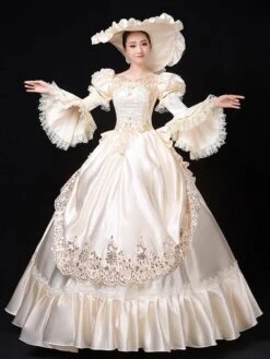 Ecru White Retro Costumes Women's Marie Antoinette Costume Lace Ruffles Polyester Tunic Dress Hat Vintage 18th Century Costume -AYA Cosplay Shop 20220530175616556769