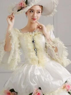 Ecru White Retro Costumes Flowers Polyester Dress Women's Vintage Tunic Marie Antoinette Costume Vintage Clothing -AYA Cosplay Shop 202205301756180482916