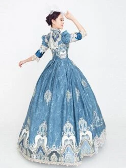 Blue Retro Costumes Ruffles Polyester Marie Antoinette Costume Floral Print Dress Women's Vintage Tunic Masquerade Ball Gown -AYA Cosplay Shop 202205301756207411635