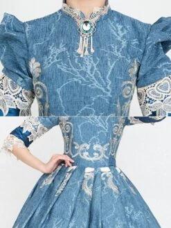 Blue Retro Costumes Ruffles Polyester Marie Antoinette Costume Floral Print Dress Women's Vintage Tunic Masquerade Ball Gown -AYA Cosplay Shop 202205301756212583955