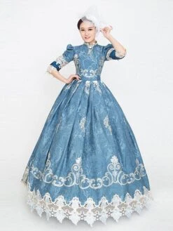 Blue Retro Costumes Ruffles Polyester Marie Antoinette Costume Floral Print Dress Women's Vintage Tunic Masquerade Ball Gown
