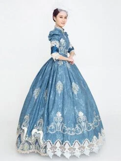 Blue Retro Costumes Ruffles Polyester Marie Antoinette Costume Floral Print Dress Women's Vintage Tunic Masquerade Ball Gown -AYA Cosplay Shop 202205301756227924233
