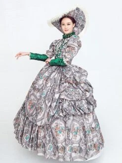 Gray Retro Costumes Women's Floral Print Ruffles Pearls Marie Antoinette Costume Polyester Tunic Dress Hat Euro-Style Vintage Clothing -AYA Cosplay Shop 202205301756234966558