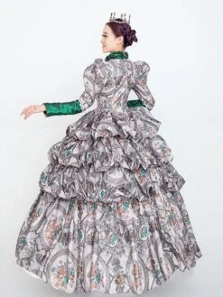 Gray Retro Costumes Women's Floral Print Ruffles Pearls Marie Antoinette Costume Polyester Tunic Dress Hat Euro-Style Vintage Clothing -AYA Cosplay Shop 202205301756238121084