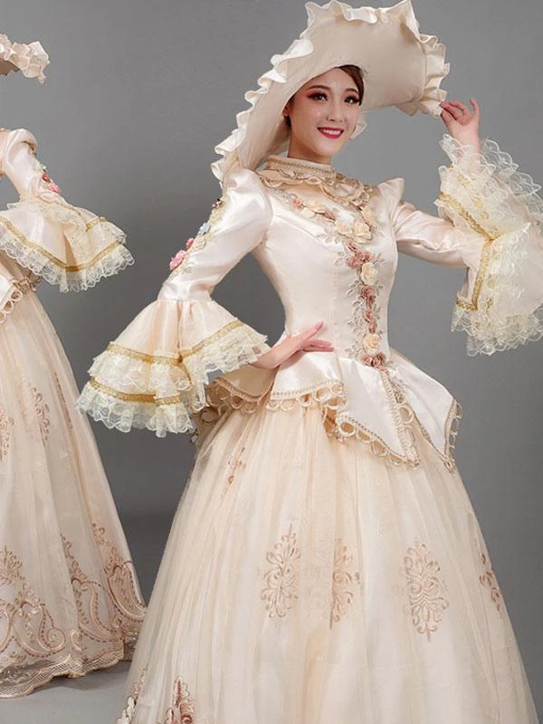 Ecru White Retro Costumes Women's Floral Print Flowers Ruffles Polyester Marie Antoinette Costume Tunic Hat Dress Vintage Vintage Clothing 4 Ecru White Retro Costumes Women's Floral Print Flowers Ruffles Polyester Marie Antoinette Costume Tunic Hat Dress Vintage Vintage Clothing - Image 2