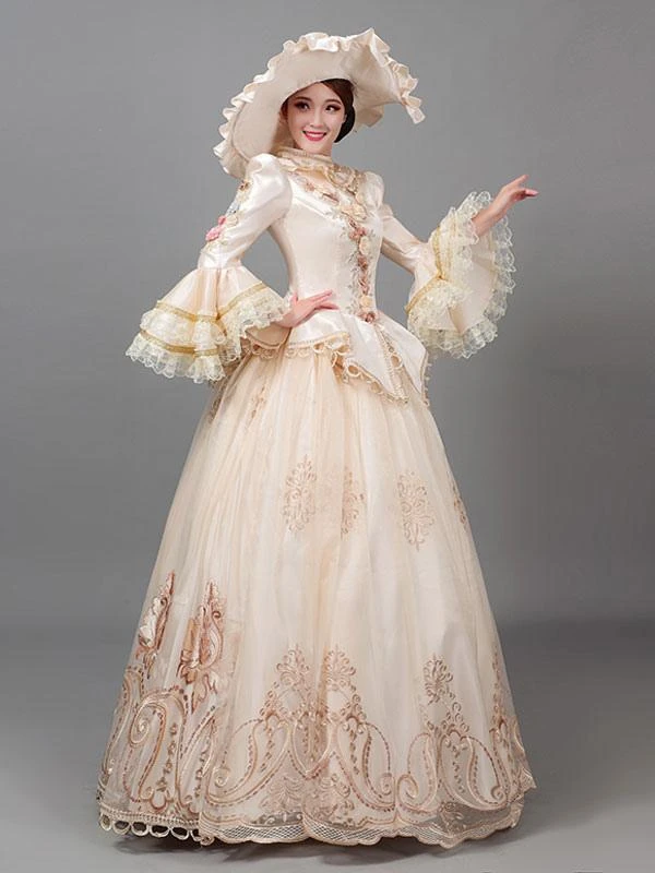 Ecru White Retro Costumes Women's Floral Print Flowers Ruffles Polyester Marie Antoinette Costume Tunic Hat Dress Vintage Vintage Clothing 6 Ecru White Retro Costumes Women's Floral Print Flowers Ruffles Polyester Marie Antoinette Costume Tunic Hat Dress Vintage Vintage Clothing - Image 4