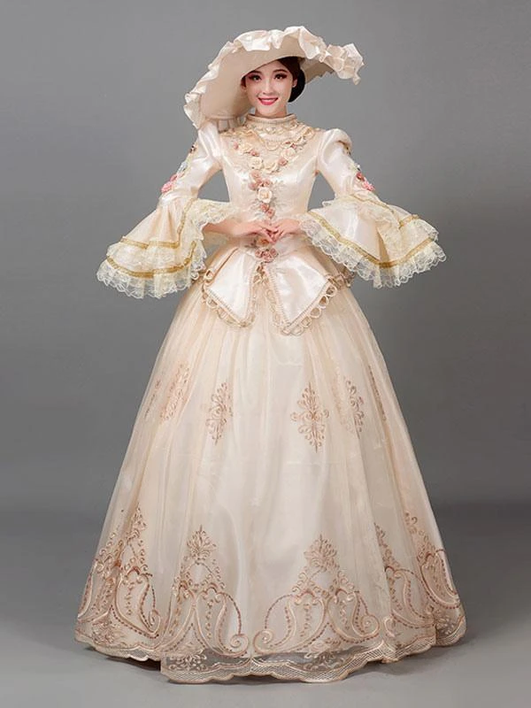 Ecru White Retro Costumes Women's Floral Print Flowers Ruffles Polyester Marie Antoinette Costume Tunic Hat Dress Vintage Vintage Clothing 5 Ecru White Retro Costumes Women's Floral Print Flowers Ruffles Polyester Marie Antoinette Costume Tunic Hat Dress Vintage Vintage Clothing - Image 3