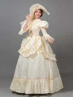 Beige Retro Costumes Women's Floral Print Lace Ruffles Polyester Tunic Hat Dress Vintage Marie Antoinette Costume 18th Century Costume -AYA Cosplay Shop 202205301756493193485