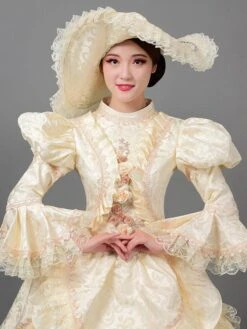 Beige Retro Costumes Women's Floral Print Lace Ruffles Polyester Tunic Hat Dress Vintage Marie Antoinette Costume 18th Century Costume -AYA Cosplay Shop 202205301756512247779
