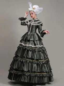 Dark Green Retro Costumes Women's Lace Flowers Polyester Tunic Dress Headwear Marie Antoinette Costume Vintage Party Prom Dress -AYA Cosplay Shop 202205301756524429151
