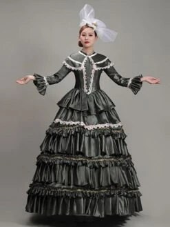 Dark Green Retro Costumes Women's Lace Flowers Polyester Tunic Dress Headwear Marie Antoinette Costume Vintage Party Prom Dress