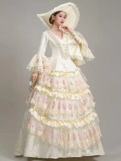 Ecru White Retro Costumes Lace Polyester Floral Print Dress Women's Vintage Marie Antoinette Costume Tunic 18th Century Costume -AYA Cosplay Shop 202205301756552619178