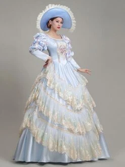 Light Sky Blue Retro Costumes Lace Polyester Floral Print Dress Marie Antoinette Costume Women's Euro-Style Tunic Vintage Clothing -AYA Cosplay Shop 202205301756568441613