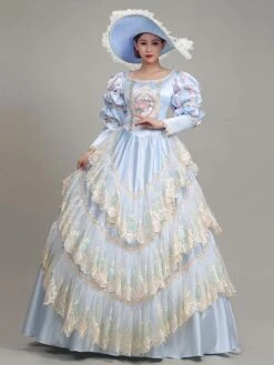 Light Sky Blue Retro Costumes Lace Polyester Floral Print Dress Marie Antoinette Costume Women's Euro-Style Tunic Vintage Clothing -AYA Cosplay Shop 202205301756572824276
