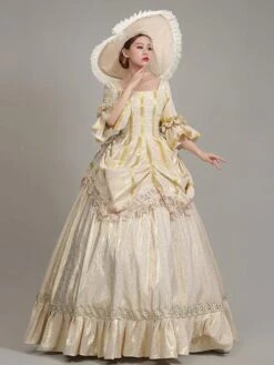 Champagne Retro Costumes Women's Lace Ruffles Polyester Tunic Hat Dress Euro-Style Marie Antoinette Costume Vintage Clothing
