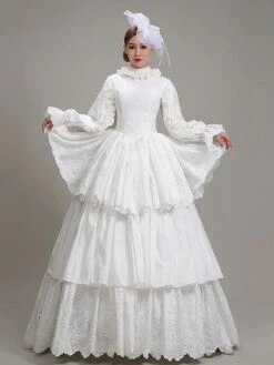 White Retro Costumes Ruffles Polyester Dress Marie Antoinette Costume Women's Vintage Tunic Party Prom Dress