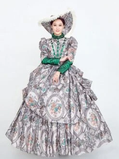 Gray Retro Costumes Women's Floral Print Ruffles Pearls Marie Antoinette Costume Polyester Tunic Dress Hat Euro-Style Vintage Clothing