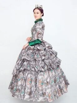 Gray Retro Costumes Women's Floral Print Ruffles Pearls Marie Antoinette Costume Polyester Tunic Dress Hat Euro-Style Vintage Clothing -AYA Cosplay Shop 202205301757154808067